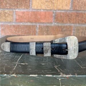 Vintage Sterling Silver Italian Calfskin Black Leather Belt Western Lejon Sz L